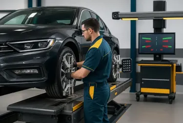 Equipamento de alinhamento de rodas sendo utilizado em um veículo.