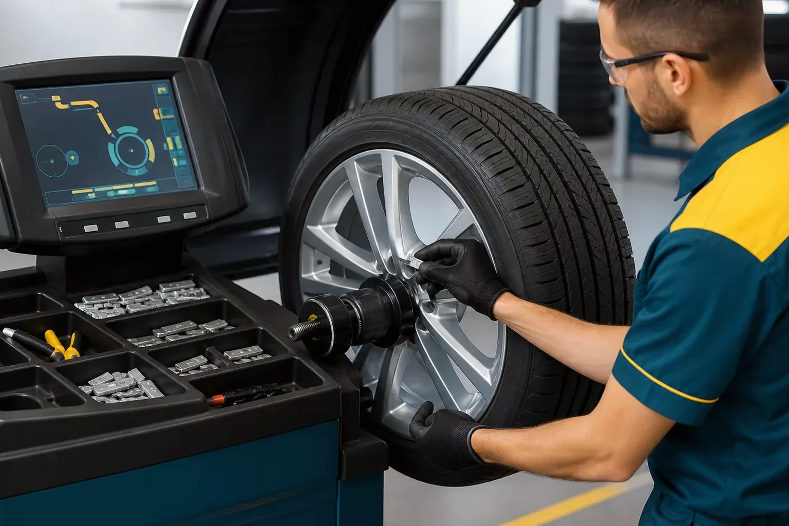 Profissional ajustando o balanceamento das rodas de um carro.