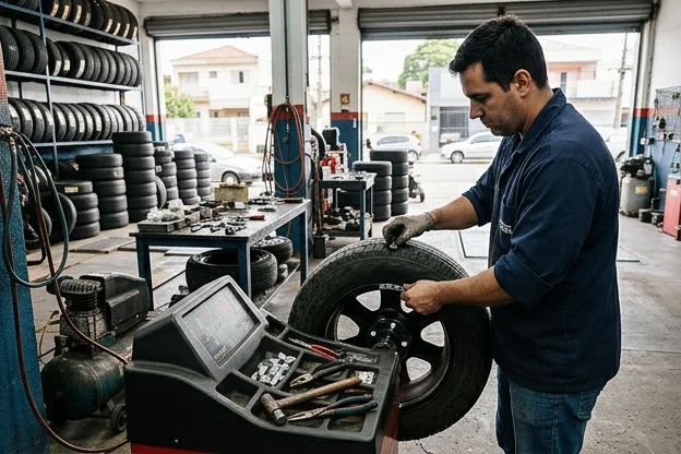 Profissional fazendo balanceamento de pneus em uma borracharia.