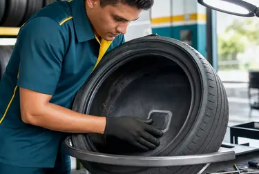 Profissional realizando conserto de pneus com equipamentos adequados.