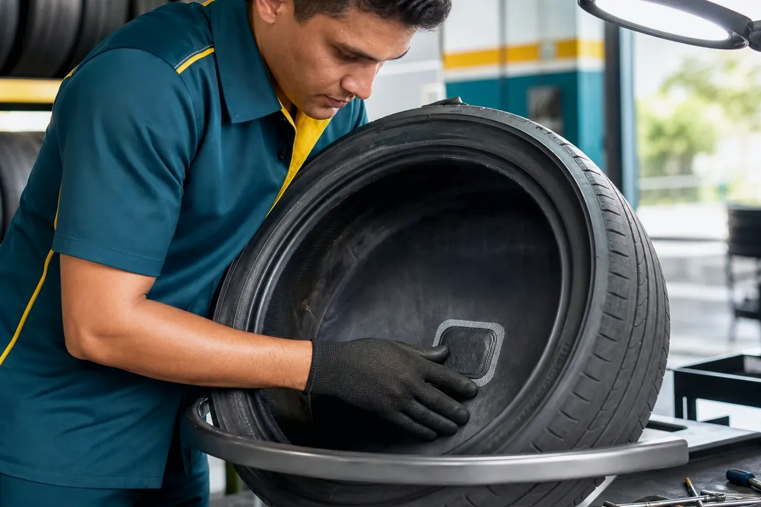 Profissional realizando conserto de pneus com equipamentos adequados.