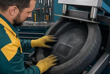 Profissional realizando o processo de vulcanização em um pneu.