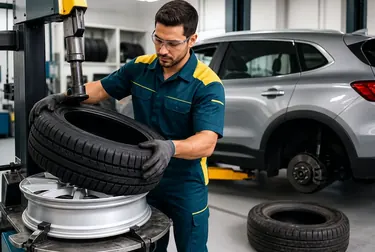 Profissional substituindo pneus de um veículo, utilizando equipamentos especializados.