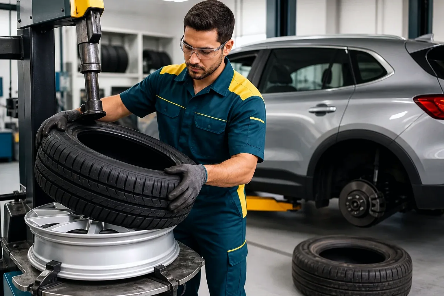 Profissional substituindo pneus de um veículo, utilizando equipamentos especializados.